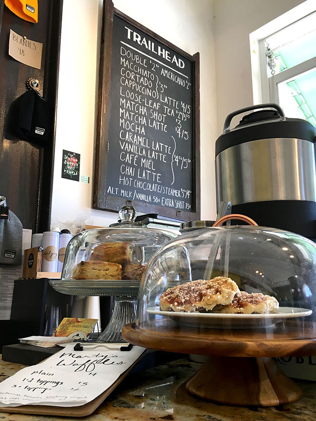 the cafe counter at Trailhead Coffee inside Reser Bicycles