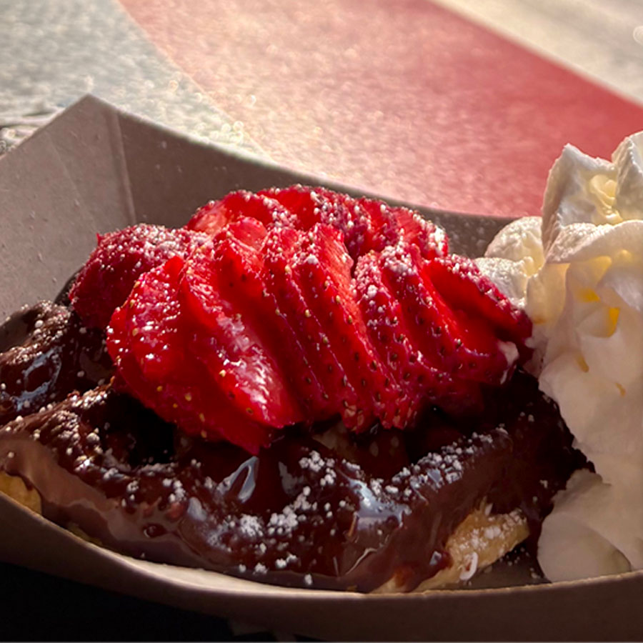 Marty’s original waffle dipped in dark Belgian chocolate with a sprinkle of powdered sugar and a mound of sliced strawbereies on top; pile of whipped cream nestled on the side